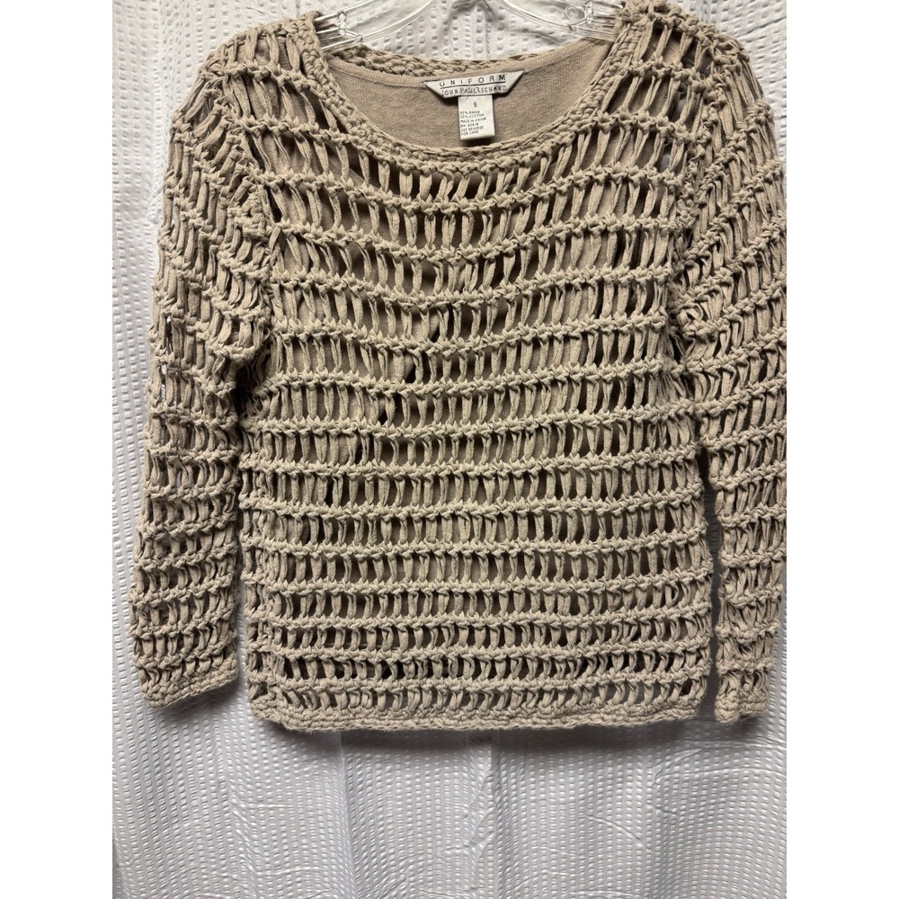 John Paul Richard Women's Sweater Petite SZ S Beige Fisherman Mesh Open Knit